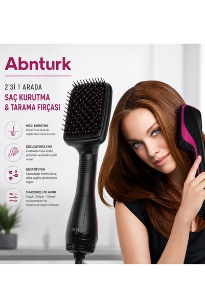abnturk Elektrikli 2'si 1 Arada Saç Kurutma ve Şekillendirme Tarağı-1000W Neg...