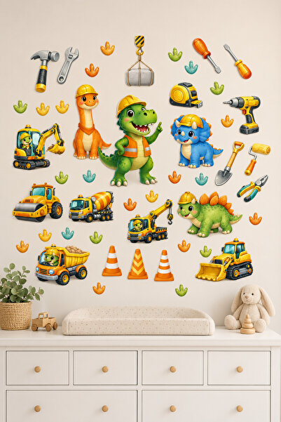 Wesliva Dino İnşaatçılar Dinozor ve İş Makineleri Çocuk Odası Duvar Sticker S...