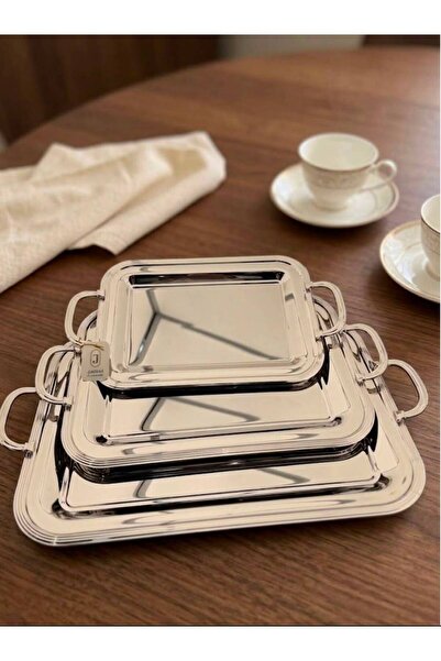 aljahwari Set of 3 Serving Trays Silver Nickel T1945/3/N