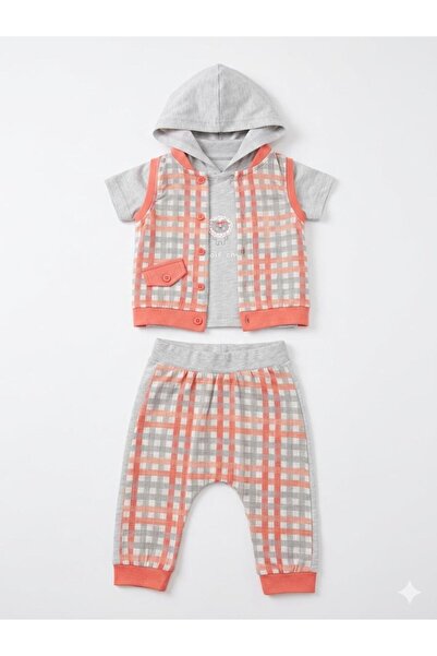 Maison Bebe Tongs Baby Boy 3-Piece Set with Plaid Vest and Hooded T-Shirt - C...