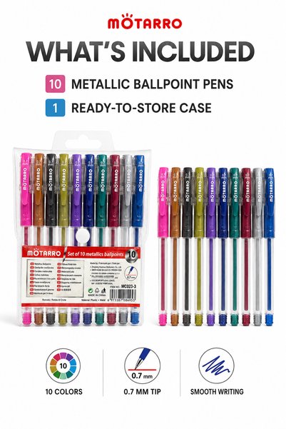 MOTARRO 10 Colors Metallic Ballpoint Pen Set – 0.7mm Fine Tip Pens with Transparent Storage Case for Journaling, Crafts, School & Office