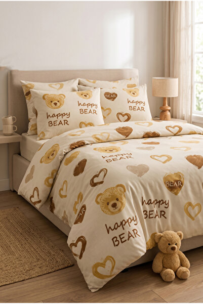 Medaillon Home Teddy Bear and Heart Patterned Double Duvet Cover Set |   Cott...