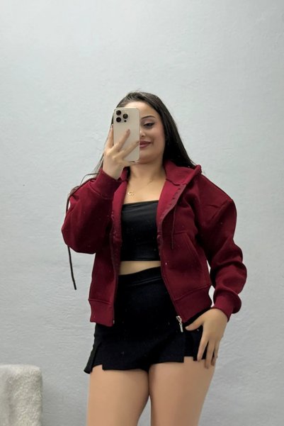 BELENDİR Women's 3 Thread Threaded Kangaroo Pocket Zippered Sweatshirt Claret...