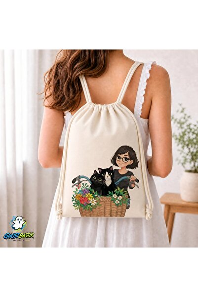 Ghostbastır Design Cat Drawstring Linen Bag C142