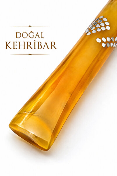 Han Tobacco Doğal Damla Kehribar Gümüş Desenli El Yapımı Ağızlık – 7 cm – 7.5/8 mm Uyumlu