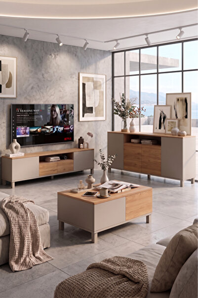 Yurudesign Mood Tv Ünitesi Orta Sehpa Konsol 3'Lü Set Ahşap Ayaklı Kumsal-Sep...