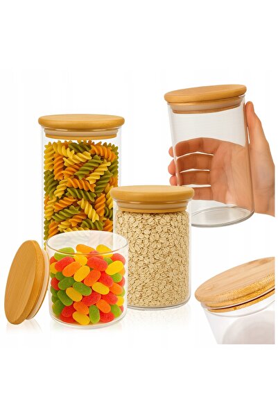 SuperButelki Set Recipiente din Sticla Si Lemn, 390-1 l, Transparent-Maro, Ca...