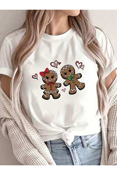 26LIK Couple Gingerbread Printed Round Neck-T-Shirt, Casual Short Sleeve Top