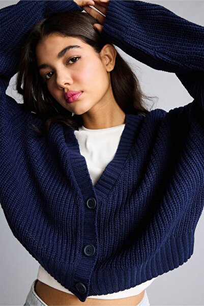 DeFacto Regular Fit V-Neck Indigo Cardigan U2052Az26Wn