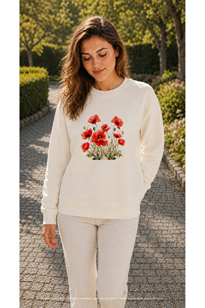EMMODA Women's Poppy Flower Printed Round Neck Casual Sweathirt