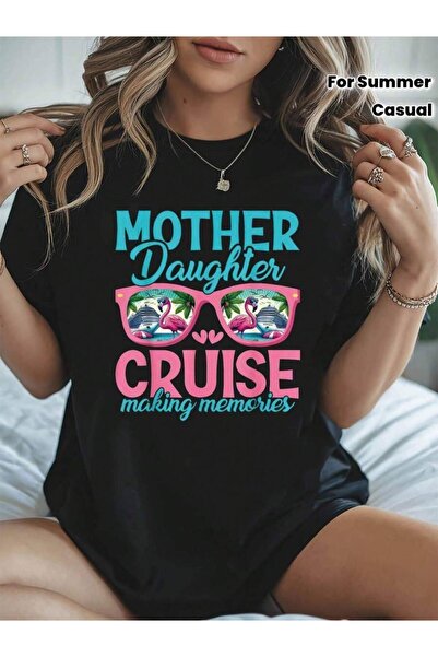 9JY تي شيرت نسائي كبير الحجم، فضفاض، بطبعة حروف 'Flat Mother Daughter Cruise ...