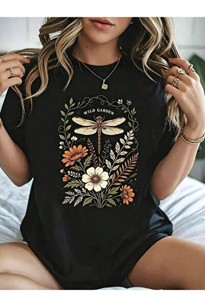 9JY Vintage Botanical Dragonfly Wild Garden Floral Print Women's T-Shirt Casu...