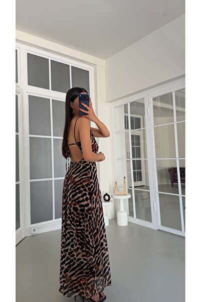 GAUS CO Leopar Desenli Sırt Dekolteli Astarlı Elbise GAUS-01814
