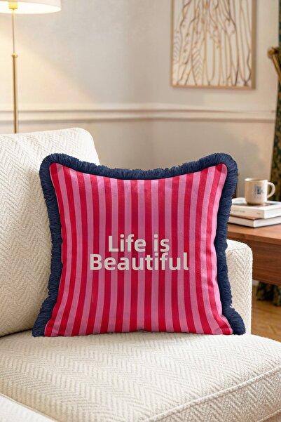 IdeCraft Pink Red Striped La Vie Est Belle Throw Pillow Cover - Navy Blue Tas...