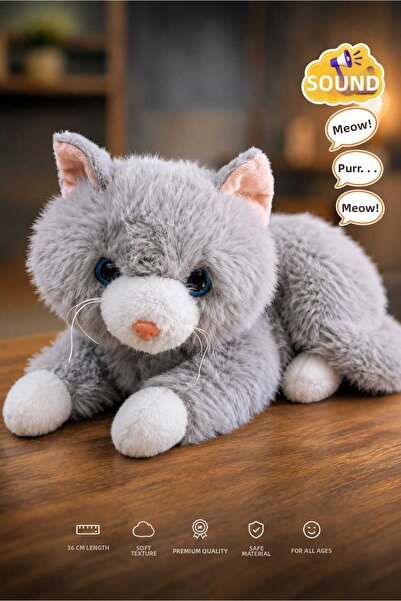 Fidan oyuncak Cute and Realistic Plush Cat with Sound - 36 cm Soft Textured P...