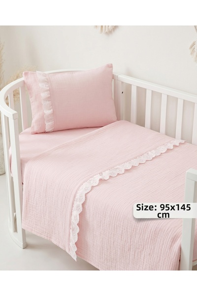Pufuduk Baby Scalloped Muslin Duvet Cover Set 100X150 cm Elastic Fitted Sheet 70X120 Baby Kids Bed Ecru White Pink