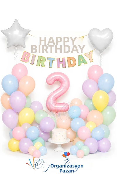 Organizasyon Pazarı 2 Year Birthday Set Macaron Colors, 126 Pieces All in One...