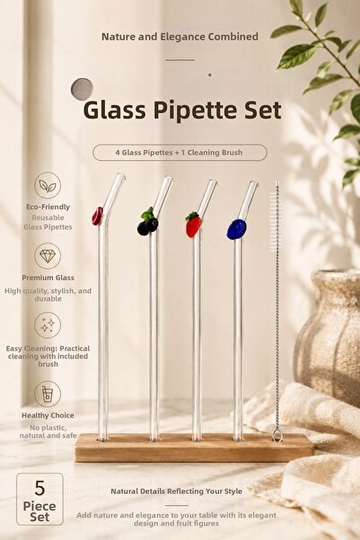 Anadolu Saray Set of 4 Figured Glass Straws and Cleaning Brush |   Reusable G...