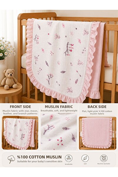 Zümra Baby 100% Cotton Muslin Baby Blanket with Ruffles, Double Layer Coverlet