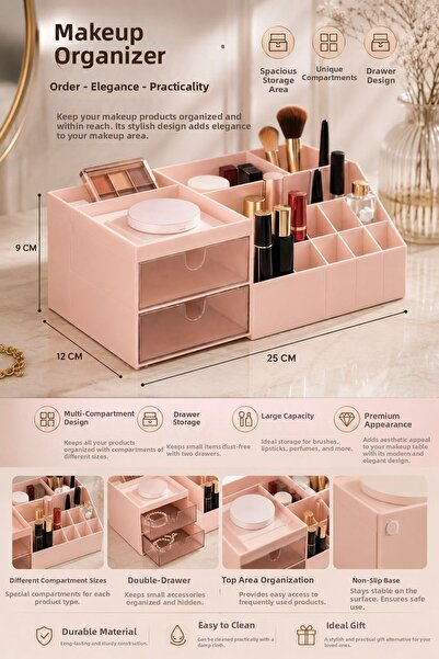 KaraWent Home منظم مكياج فاخر متعدد الأقسام مع أدراج لتنظيم مستحضرات التجميل ...