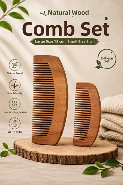 Ayver 2 PIESE PIEPTENE DIN LEMN NATURAL DE DIMENSIUNI DIFERENTE SET DE 2 PIEP...