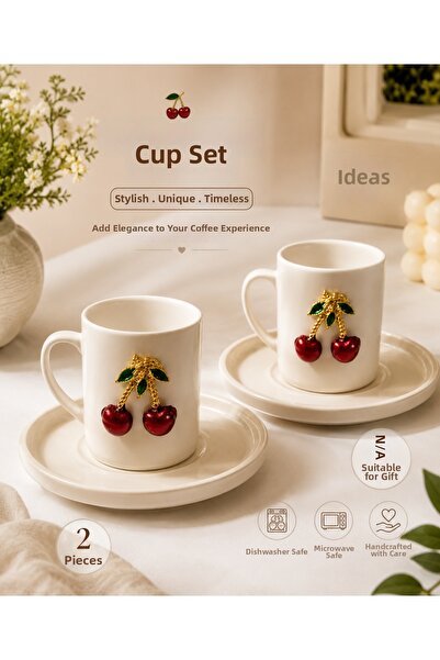 SUDELA Double Coffee Cup Set with Cherry Figures |   Ceramic Mug and Plate Se...