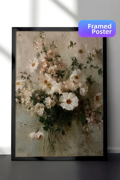 Zestia Pictură de perete vintage, buchet de margarete de țară cu ramă neagră ...