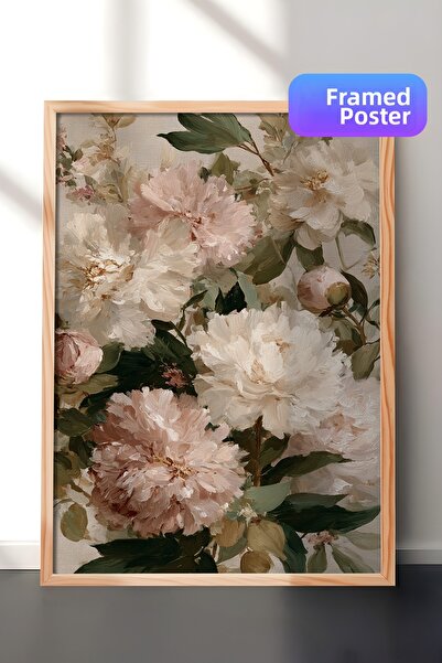 Zestia Pictură murală vintage, bujori în tonuri delicate, înrămate în lemn Nr...