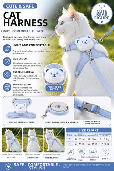 Floria Cat Chest Harness and Leash Set - Adjustable, Anti-Escape, 120cm Strap