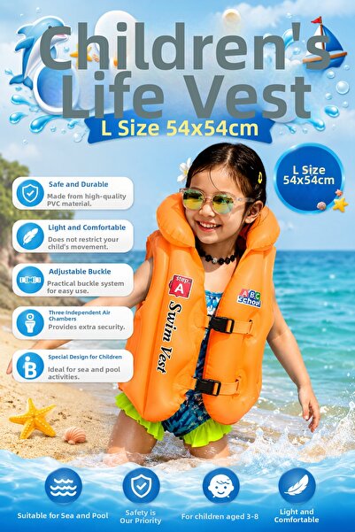 craftivio Inflatable Children's Life Vest L Size 54X54 cm 3-8 Years Old Sea a...