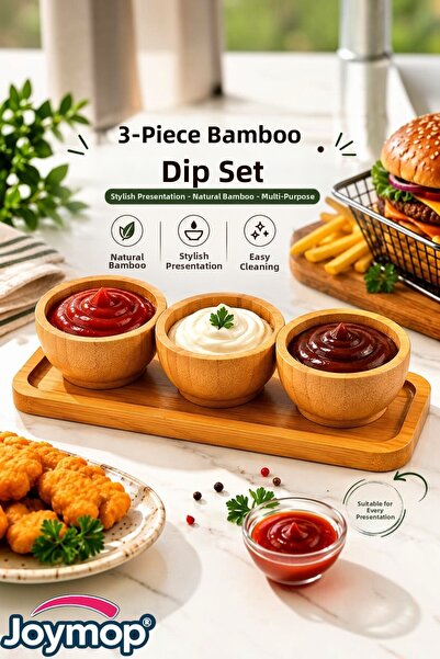JOYMOP 3-Piece Bamboo Sauce Bowl Set with Wooden Stand, Jam Bowl, Snack Bowl,...