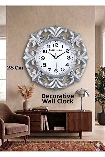 ÇEÇEN HOME (1 Piece) Gray Elegant Patterned Framed Decorative Round Wall Cloc...