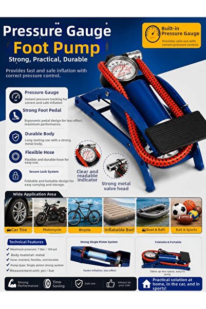 ASG Quality and Ergonomic Foot Pump with Pressure Gauge Bicycle Motorcycle Ba...