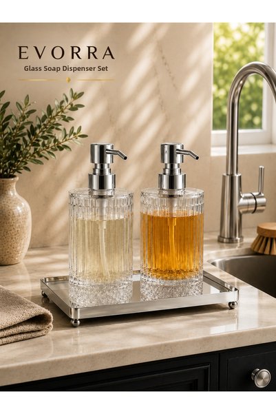 EVORRA LİVİNG Luxury Striped Glass Liquid Soap Dispenser Detergent Dispenser Set of 2 with Silver Pump