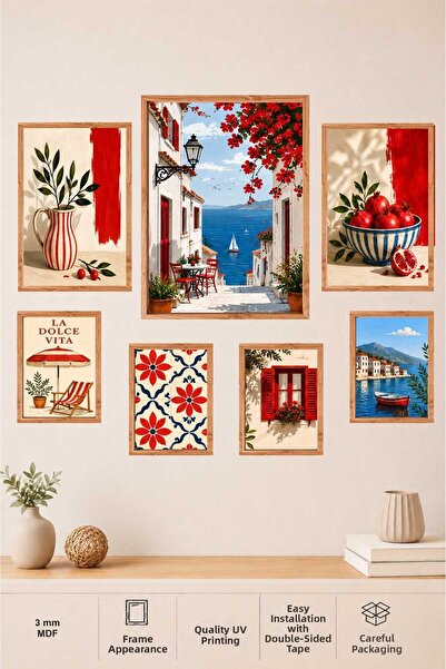 UNT Mediterranean Breeze Frame-Look 7 Piece Mdf Painting Set – Red & Navy Blu...