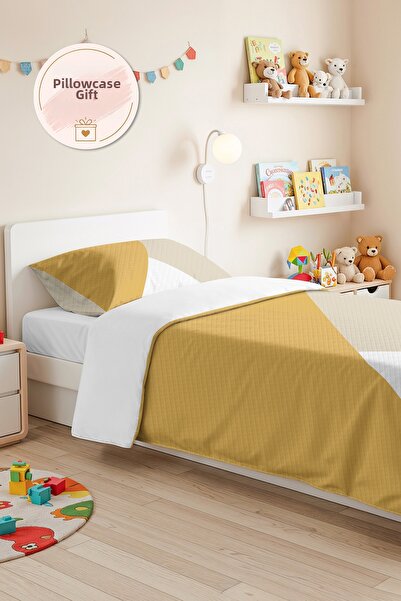 Evimde Bambaşka Yellow Geometric Modern Young Room Single Pique Set - Ecru Qu...