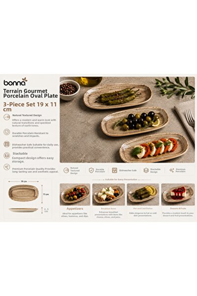 Bonnami Bonna Terrain Gourmet Porcelain Oval Kayık Plate 19X11 cm - Rustic Se...