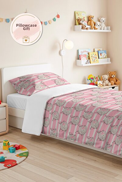 Evimde Bambaşka Pink Cat Girl's Pique Set - Striped Gray Baby Room Seasonal B...