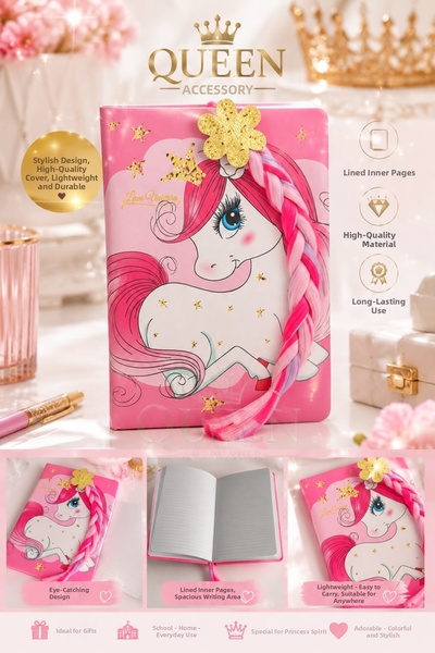 QUEEN AKSESUAR Caiet A5 cu copertă groasă cu dungi unicorn, colorat, 3D, de l...