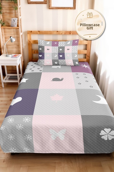 Evimde Bambaşka Pastel Patchwork Gray Girls' Pique Set-Lilac Pink Minimal Bab...