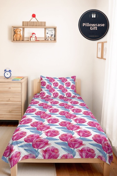 Evimde Bambaşka Pink Floral Modern Young Room Single Pique Set-Blue Floral 16...