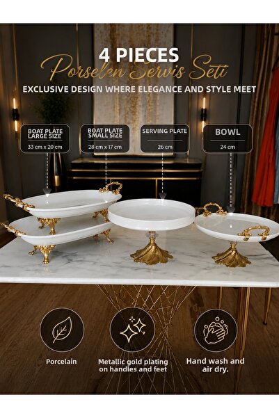 Sillage Home 4 Piece Porcelain Serving Set with Gold Handles and Feet Present...