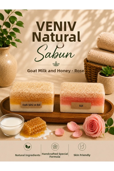 VENİV Donkey Milk, Honey & Rose Extract Natural Fiber Soap Set - Handmade Spe...