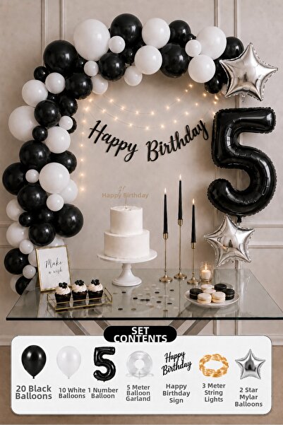 Baloncu Nene 5 Year Old Black and White Birthday Decoration Set with Number B...