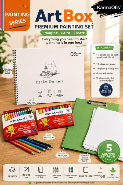 KarmaOfis Painting Set |   25X35 cm Spiral Drawing Notebook, 12 Dry Paints, 1...