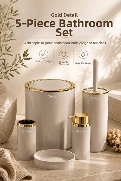 Okyanus Home Set de baie rotund din 5 piese, de culoare bej, cu detalii aurii