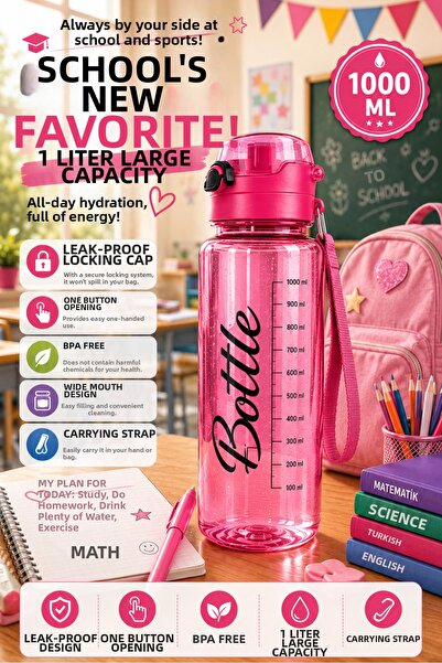 OpenCity Pink 1 Liter Water Bottle Leak-Proof Locking Lid Bpa-Free School Spo...