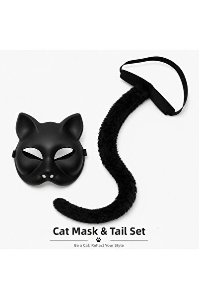 evimdeyokyok Black Cat Mask and Plush Tail Costume Set 70 cm