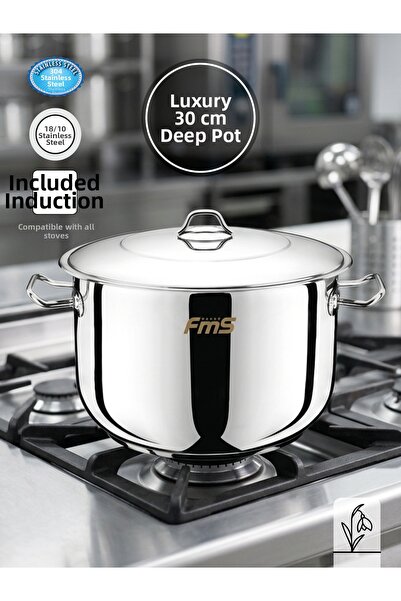 FMS 30 cm Luxury Deep Steel Pot |   14 L |   18/10 Stainless |   Induction Ba...