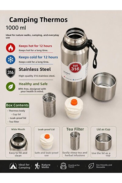 HTC AKSESUAR 1 Lt Camping Thermos 316 Stainless Steel
